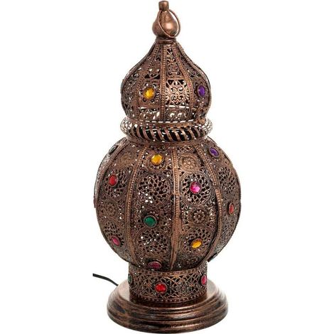 lampe de table en métal style oriental multicolore - bronze ajouré pierres multicolores (1/5)