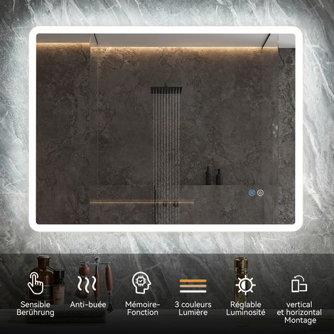 HOROW Miroir de salle de bain avec éclairage Miroir de salle de bain LED 70x50cm Interrupteur tactile, Anti-buée, Dimmable, Fonction Mémoire (1/5)