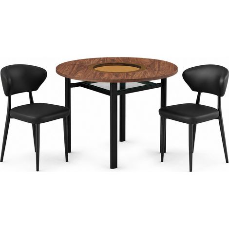 Moderne minimalistische runde Tischgruppe 100 cm in Holzoptik mit 2 schwarzen PU-Stühlen (1/5)