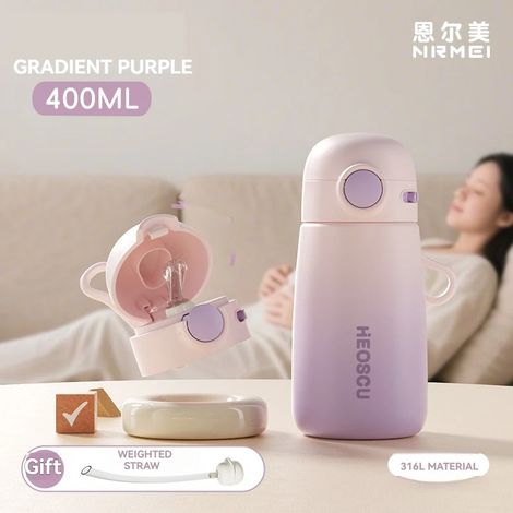 (Violet, 400 ml) Thermos en acier inoxydable à double paroi, sain et écologique, avec paille et poignée, convient aux mamans et aux bébés. (1/5)
