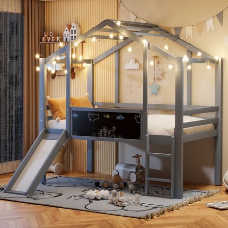 Kinder-Hochbett im Hausstil 90x200 cm Massivholz Grau mit Sicherheitsleiter, Rutsche und Tafel (1/5)