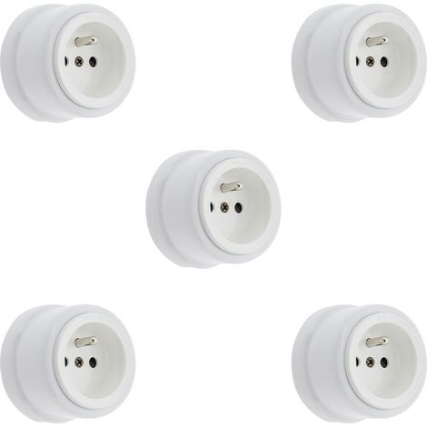 Lot de 5 Prises FONTINI Garby – Prises Murales Intérieures Style Rétro – Plastique Blanc – 16A / 250V – Pose en Saillie – Fabrication Européenne – Sécurité et Élégance Vintage - FONTINI (1/4)
