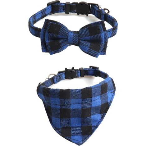 Collier Pour Chat En Coton À Carreaux Classiques Avec Clochette Et Nœud Papillon Détachable - Lot De 2 (1/5)