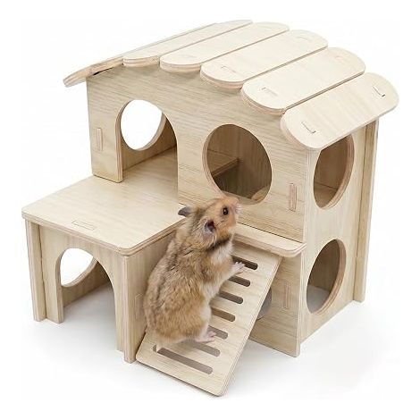 Wood Hamster House with Ladder, Hideout for Dwarf Hamster and Rodents, Cage Accessory 17 x 15 x 15.5 cm, Entrance 4.8 cm (1/5)