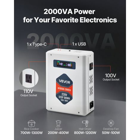 Transformateur 220 V à 110 V, Transformateur de Tension Abaisseur 2000 VA, avec 2 Prises Américaines, Sortie USB, Écran LCD, Protec… (1/5)