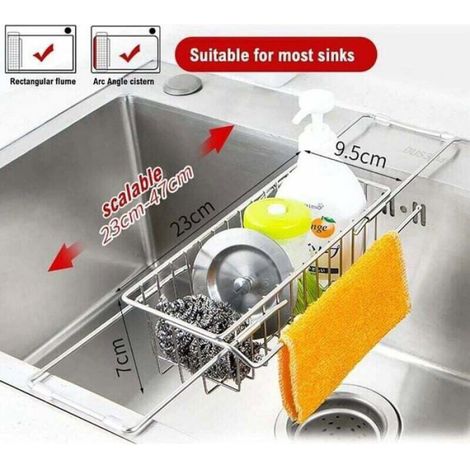 Porte-Éponge - Égouttoir Télescopique - Acier Inoxydable - 23 à 47 cm - Cuisine et Salle de Bain - 1 Pièce (1/4)