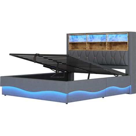 Letto contenitore imbottito 180 x 200 cm con LED APP, USB, metallo, lino grigio MODENUIT (1/5)