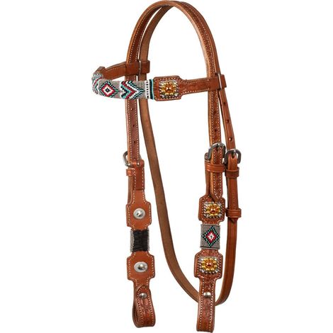 Testiera western in cuoio con decorazione di perline stile navajo