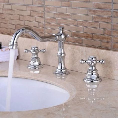 Waschbeckenarmatur Kreuzgriff Kupfer, Chrom silber, 3 Löcher G1/2 (1/4)