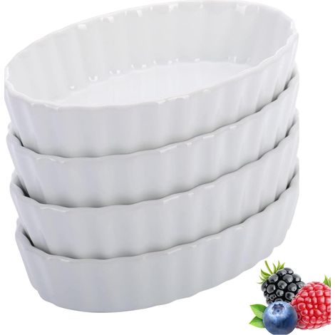 petits ramequins ovales pour crème brûlée, adaptés au four et au micro-ondes, dimensions : 15 x 10,6 x 3,2 cm, en porcelaine blanche. (1/5)