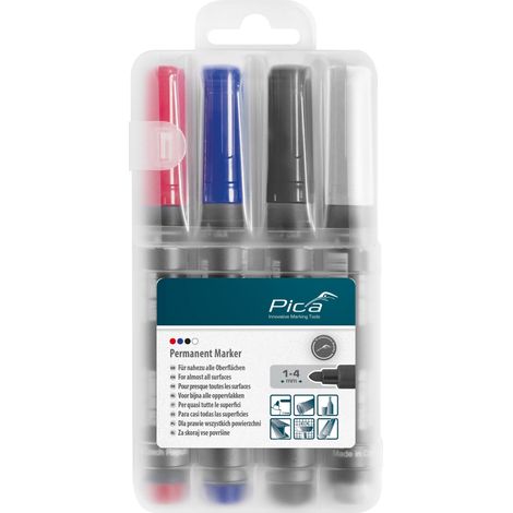 Pica 4 x Permanent Marker Set 1-4mm Rot Blau Schwarz Weiß (1/5)