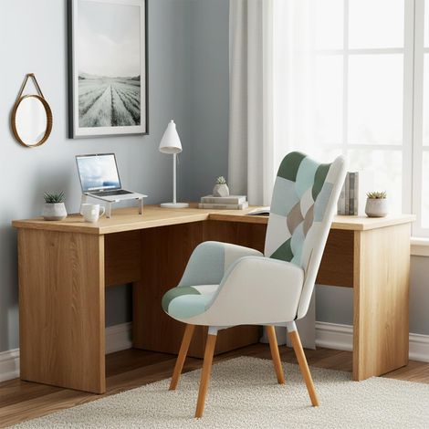 Meuble Cosy Chaise de Bureau Scandinave Ergonomique avec Accoudoirs, Siège de Travail Confortable en Tissu Rembourré, Patchwork Vert (1/5)