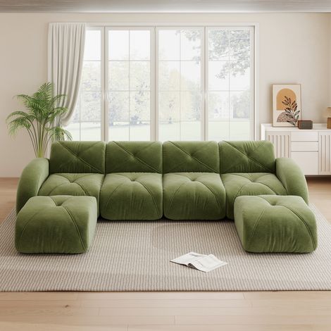 Canapé en U modulable, ensemble 4 places avec 2 poufs, tissu confortable antidérapant, sans cadre, design pour salon, vert, sans montage (1/4)