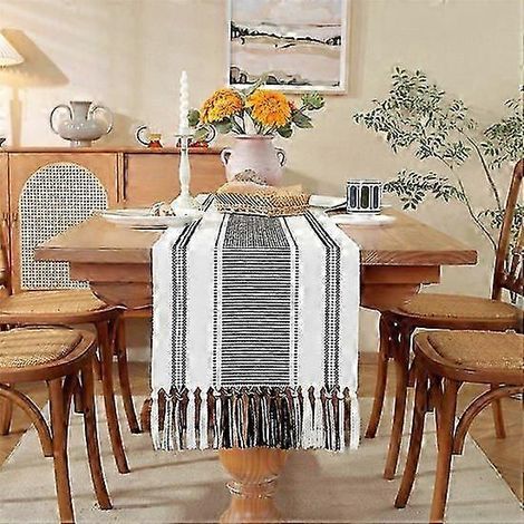 Chemin de table bohème en coton et lin avec pompons - 35 x 183 cm - Nappe tissée à carreaux épais et simples - Nappe de tous les jours - Douce et résistante - Washa (1/5)