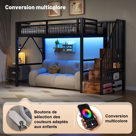 Lit mezzanine 90x200 cm, cadre en métal, éclairage LED intégré, échelle avec tiroirs de stockage, coin bureau ou détente, sommier non fourni, teinte noire (1/5)