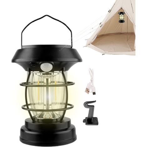 Solar Powered Camping Lamp – Rechargeable Camping Lantern, Motion Activated Outdoor Lantern, 1W Filament and 3W LED Patch, Long-Lasting Rechargeable  Portable Lights