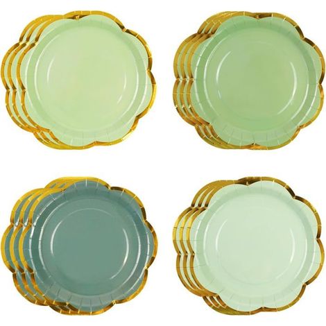 48 assiettes jetables, vert dégradé bord doré, carton ondulé épais, fête prénatale anniversaire mariage