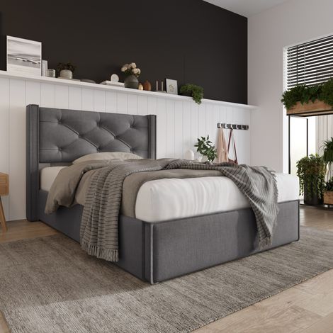 Lit coffre 90 x 200 cm, lit adulte avec rangement, rangement hydraulique, sommier à lattes inclus, tête de lit, coton, gris (1/5)