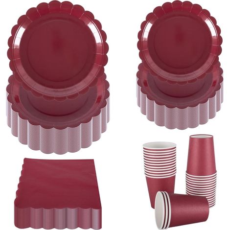 Service de table de fête pour 30 invités - Assiettes, serviettes et gobelets en carton - Fournitures de fête pour anniversaire, mariage, anniversaire de mariage, Noël - Rouge foncé (1/5)