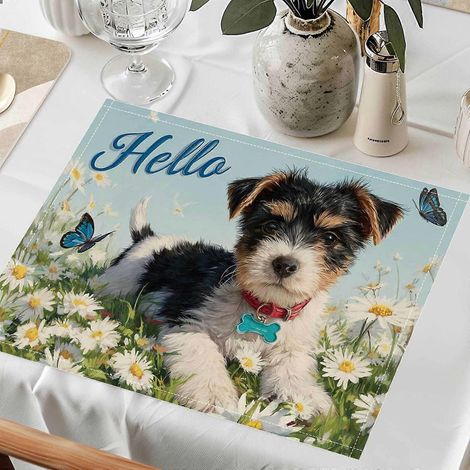 Lot de 4 sets de table, dessous de verre, dessous de plat en polyester imprimé à plat, motif chiot mignon et prairie de marguerites, idéal pour les repas de fêtes. (1/5)