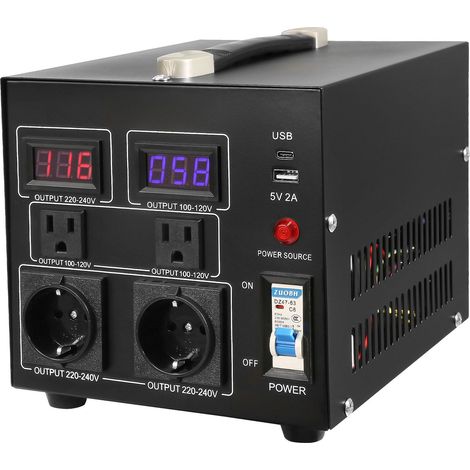 Convertisseur de tension 2000VA, transformateur élévateur/abaisseur 110V-220V, prises US/EU et port USB 5V, certifié CE. (1/5)