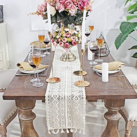 Chemin de table Moderne, chemin de table Beige Rectangulaire Macramé chemin de table Tissé Coton, Rétro Ferme la décoration de la Table et Boho Mariage, chemins de table (Beige, 24 x 180 cm)