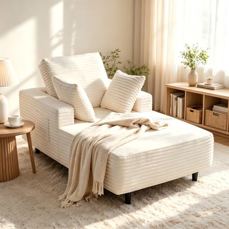 Canapé-lit 1 place convertible en velours côtelé – Avec accoudoirs, coussins et pieds de soutien stables – Sans montage – 160x105 cm – Design élégant – Beige (1/5)