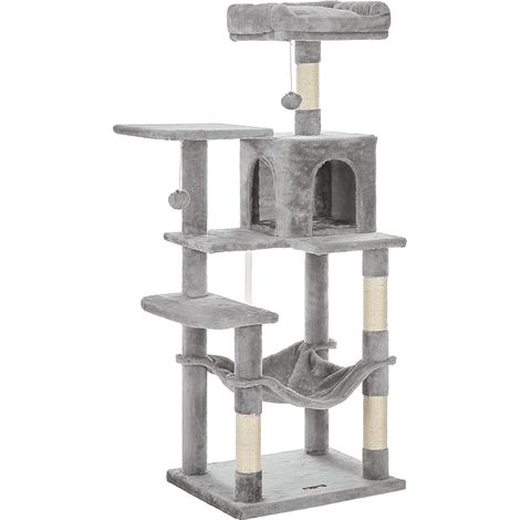Grand griffoir pour plusieurs chats, Condo pour chat avec hamac, poteau pour chat, 143 cm, gris clair (1/5)