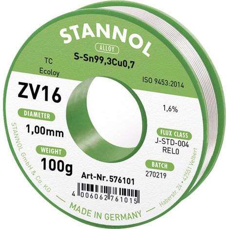 Stannol ZV16 Lötzinn, bleifrei bleifrei Sn99,3Cu0,7 REL0 100 g 1 mm