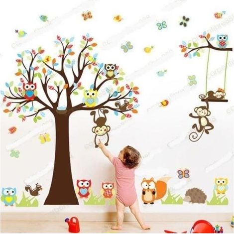 Sticker Mural Animal Hibou Singe Arbre Déco Decal Pépinière Chambre d\'Enfant