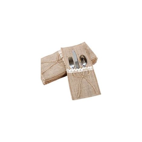 20Pcs Porte Couvert Sac Toile Jute Dent Pochette de Vaiss Fourchette Jute Vintage Décoration Table Fournitures de Mariage Fête Noël Baptême Nœud Jute (1/5)