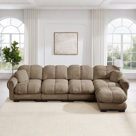 Divano angolare a L per 4 persone, in tessuto chenille, divano modulare con pouf mobile, design trapuntato fine, morbido e di supporto, schienale ergonomico, facile da montare, marrone (1/5)