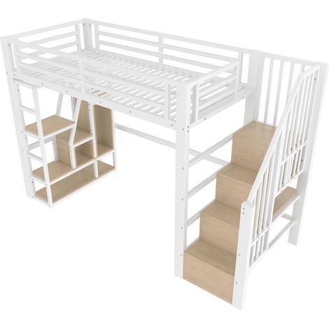 Cama alta infantil 90 x 200 cm de metal y MDF blanca con LED, estantes, escalera y barandilla (1/5)