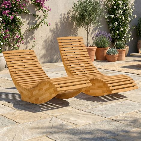 Ensemble de 2 chaises berçantes d'extérieur. Chaise longue pliante ergonomique en bois d'acacia. Naturel.