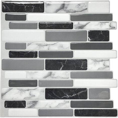 Art3d Lot de 5 carreaux adhésifs noirs et gris à motif marbre, carrelage vinyle pour cuisine aspect mosaïque