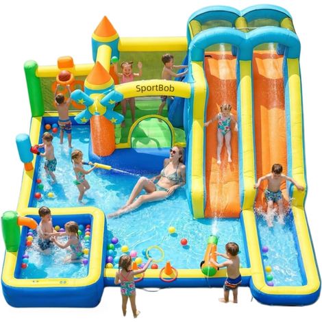 Inflatable Castle with Double Slide, Blower, Paddling Pool, Jumping Zone, Climbing Wall, Ideal for Indoor and Outdoor, Meetings and Parties (1/5)