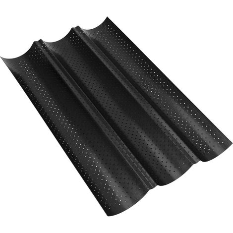 Moule Baguette, Plaque à Pain Perforée pour 3 Baguettes, Moule à Baguette Français en Acier Carbone Alimentaire avec Revêtement Antiadhésif pour Maison et Pâtisserie, 38x25cm (1/5)