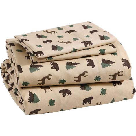 Parure de lit Rustique 4 pièces en Microfibre avec Poche Profonde – Motif cabane Lodge Bear Cerf, Vert, Marron Clair (1/4)