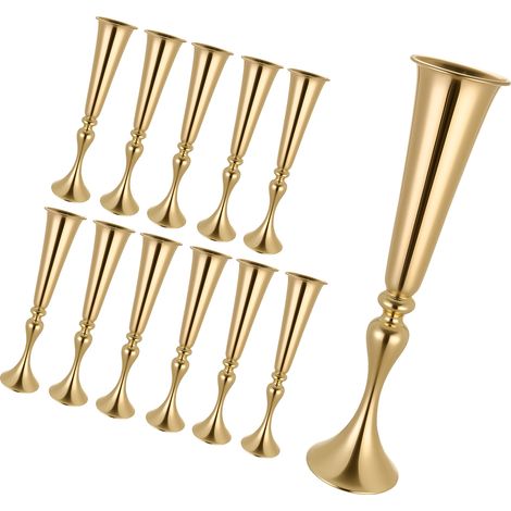 Mophorn Juego de 12 jarrones decorativos metálicos dorados con diseño de trompeta, altura de 55 cm, ideales como centros de mesa para bodas, banquetes, exhibiciones y decoración del hogar (1/5)