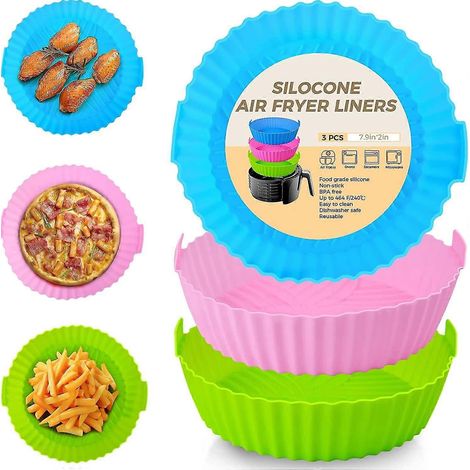 3-teiliges Set Silikon-Heißluftfritteusen-Einsätze, 20 cm (7,9 Zoll) Heißluftfritteusen-Einsätze, wiederverwendbarer Silikontopf, lebensmittelechtes Silikon-Backblech für Heißluftfritteusen, fettabwei