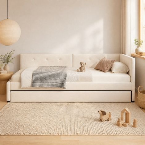 Lit 90x200 cm beige – cadre de lit avec lit tiroir et tête de lit, sans matelas (1/5)