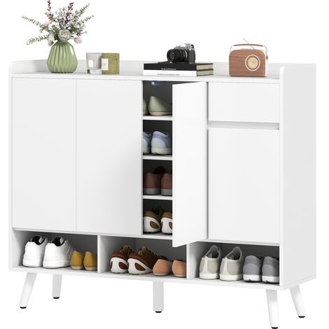 Meuble à chaussures sans poignées, 4 portes, 4 étagères réglables, autoportant avec 5 pieds en bois, bois, blanc (1/5)
