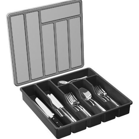 Besteckkasten mit Deckel für Schublade, Aufbewahrungsbox für Küchenbesteck, Besteckorganizer aus Kunststoff, für Löffel, Gabeln und Messer, 6 Fächer, Schwarz