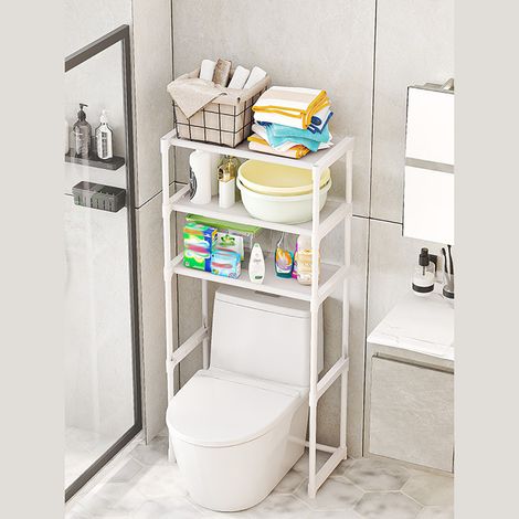 Colonne de toilette,Étagère de Salle de Bain,Meuble WC Au-Dessus des Toilettes à 3 Niveaux,Barre Inférieure Réglable, Meuble de Rangement Cadre en Métal-50.5x30x134cm,blanc (1/5)