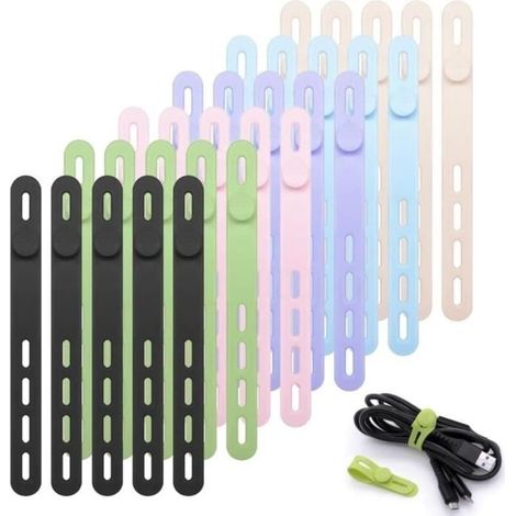 (6 Colors) Silicone Cable Ties - 30 Pcs - 6 Colors - Round - Reusable (1/4)