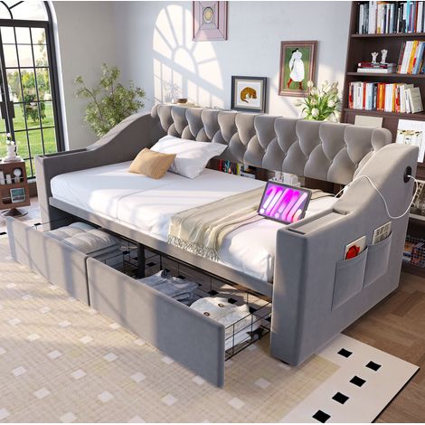 Lit simple 90x190 avec tiroirs et USB velours gris OKMYHOME (1/5)