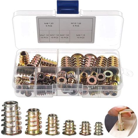 50 Pièces Écrous Hexagonaux en Alliage de Zinc Assortiment, Écrou Insère la Vis à Six Pans Creux de Meubles M4 / M5 / M6 / M8 / M10, pour Meubles en Bois