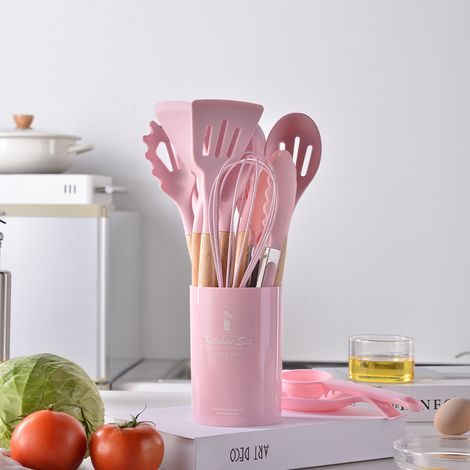 Lot ustensiles de cuisine en silicone rose avec manche en bois, set de 12 pièces dans seau, accessoires pâtisserie et cuisson (1/4)