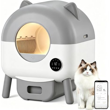 Litière Chat Autonettoyante 79L Connectée WiFi, Maison de Toilette Automatique avec Capteurs de Sécurité, Anti-Odeur, 6 Lumières,Gris clair