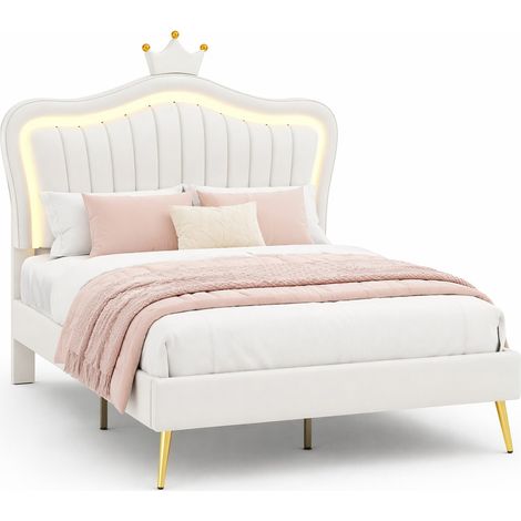 Cama infantil tapizada 90x200 cm con cabecero con forma de concha y corona, LED multicolor, patas altas, estructura de madera, sin colchón  CHICFURN (1/5)